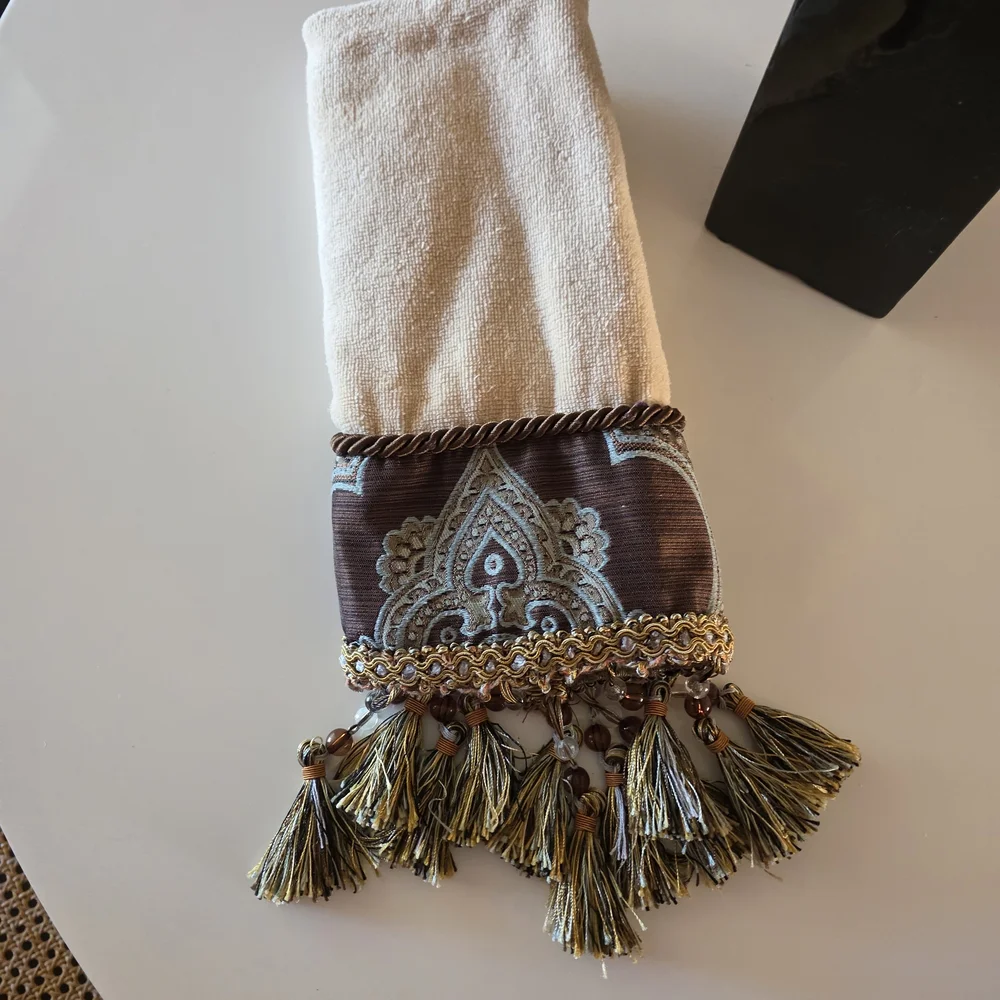 Vintage 2000s Tuscan Dream House Towel Cream and Brown Hand Towel Beaded Tassels